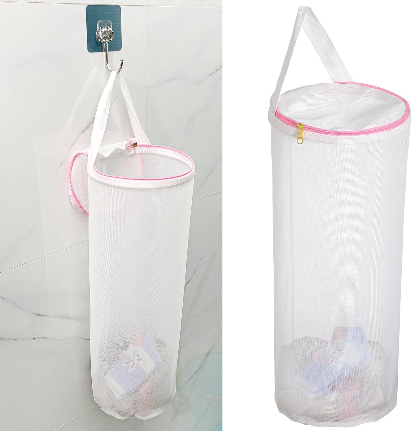 Large Capacity Sock Laundry Bag With Wire Construction Opening Use YKK Zipper Tote Bag Bathroom Hanging Suitable For Underwear, Socks Fine Mesh Laundry Bag 1 Pink