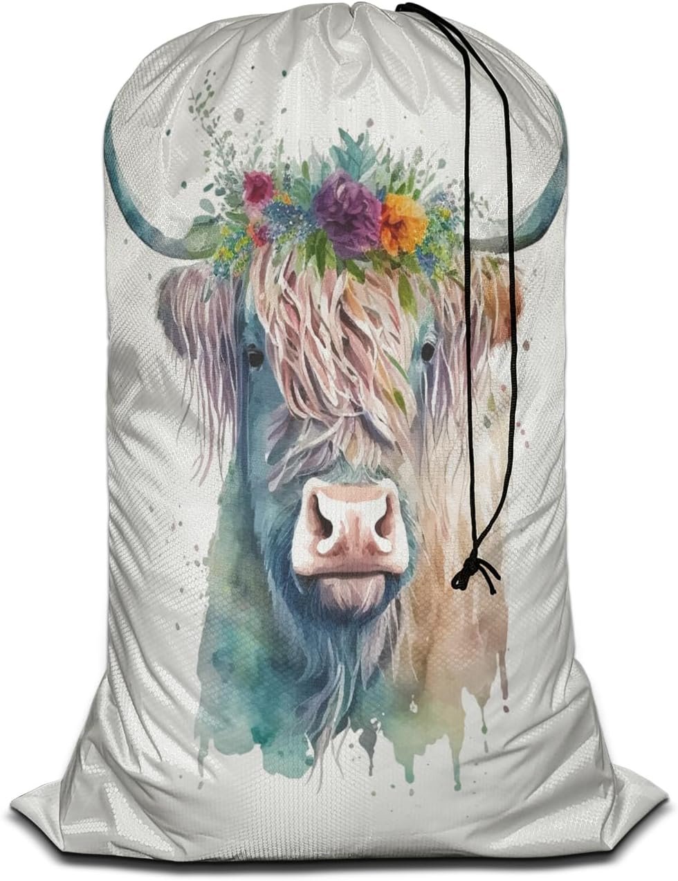 Watercolor Highland Cow Large Travel Laundry Bag - Washable Wet/Dry Bag for Dirty Clothes, Gym Clothes, Bathing Suits