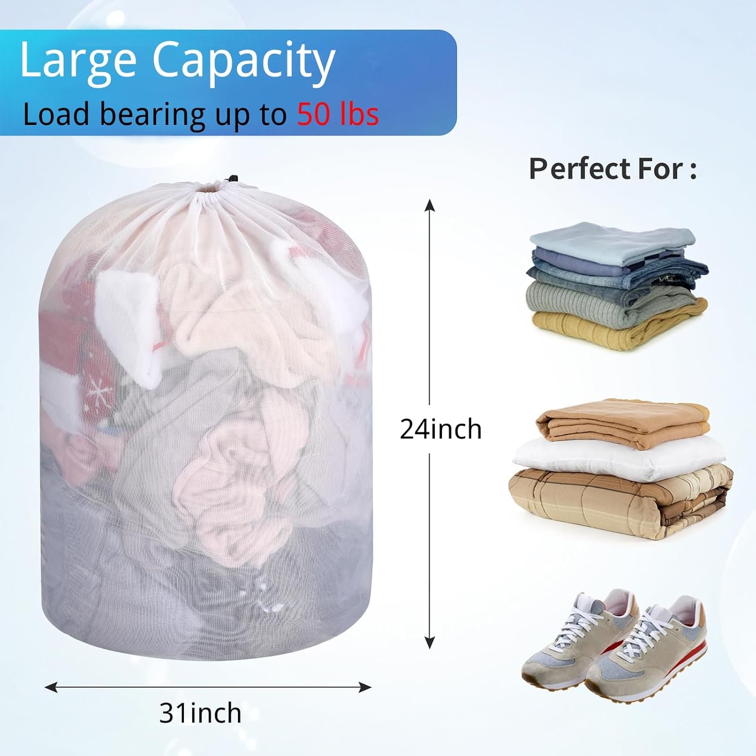2-Pack Mesh Laundry Bags, 24x31 Inches Heavy Duty Large Laundry Bag with Drawstring, Washable Laundry Bag for Travel, College, Dorms, Sports, Family - White - Image 2