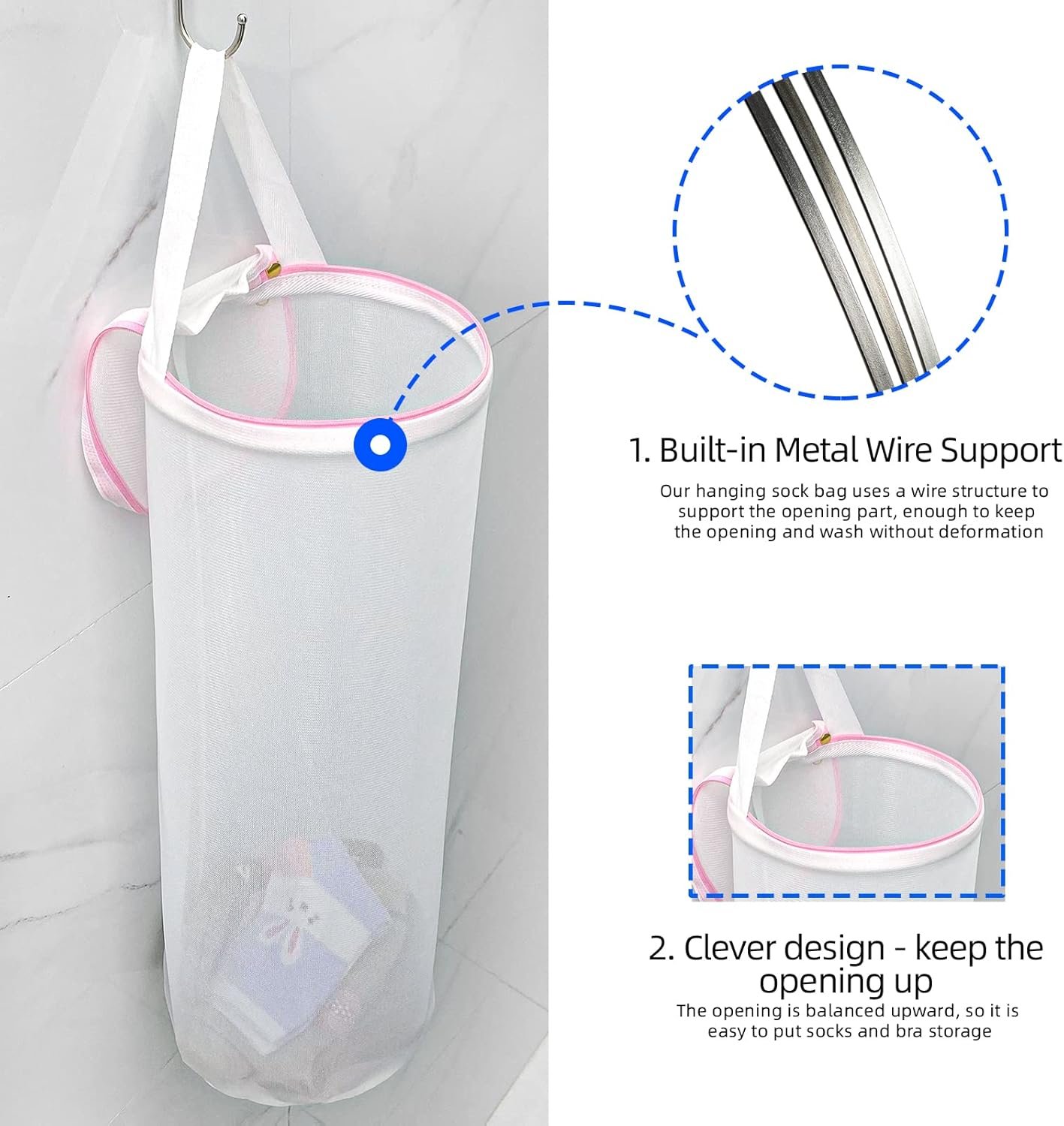 Large Capacity Sock Laundry Bag With Wire Construction Opening Use YKK Zipper Tote Bag Bathroom Hanging Suitable For Underwear, Socks Fine Mesh Laundry Bag 1 Pink - Image 2