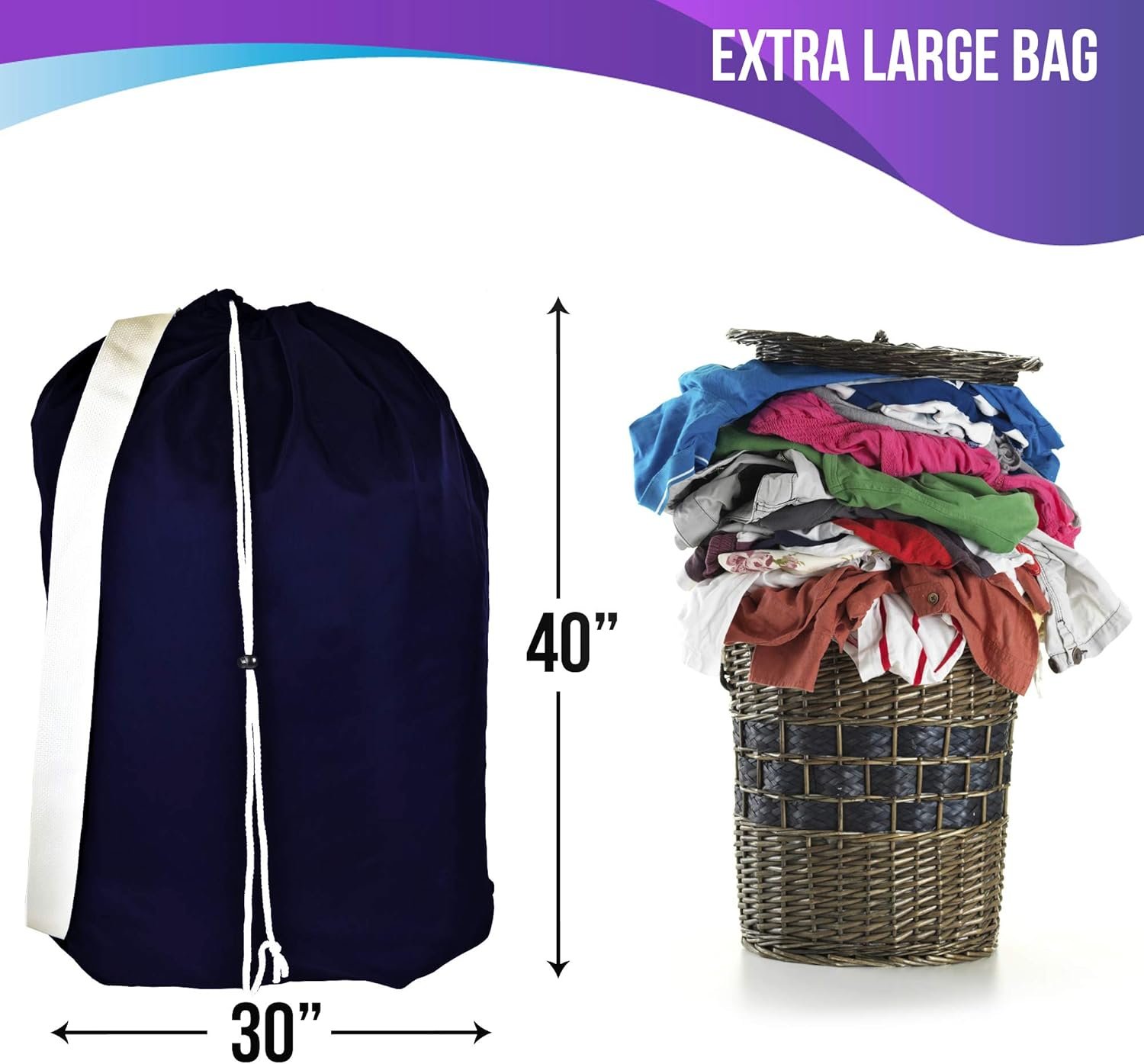 2 Pack - Nylon Travel Laundry Bags with Shoulder Strap, Machine Washable Dirty Clothes Organizer, size: 30" x 40" Easy fit a Laundry Hamper or Basket, Made in USA (color: Navy Blue) - Image 2