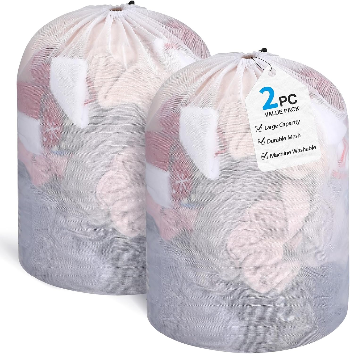 2-Pack Mesh Laundry Bags, 24x31 Inches Heavy Duty Large Laundry Bag with Drawstring, Washable Laundry Bag for Travel, College, Dorms, Sports, Family - White